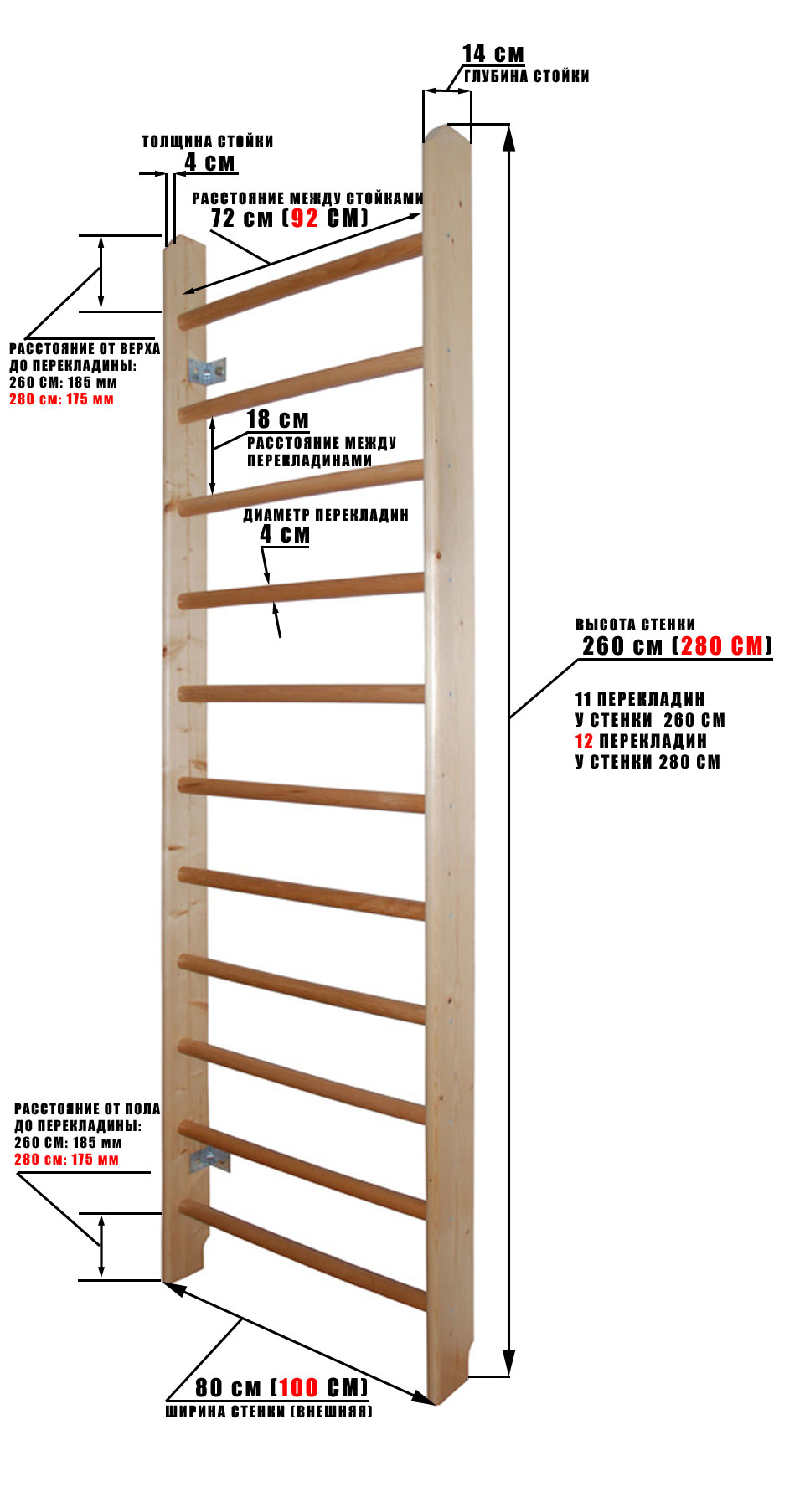 Шведская стенка деревянная из сосны 280 см 12 перекладин
